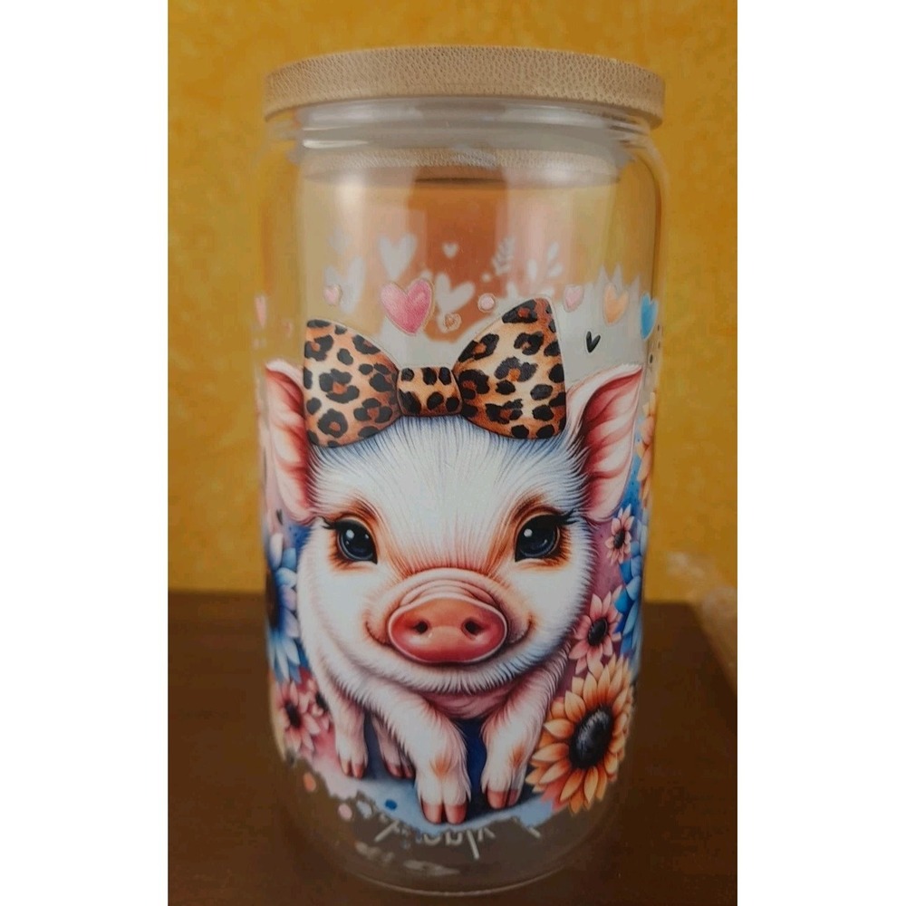 Pigs With Bows In Wildflowers‎ 12oz Clear Glass Wood Lid And Straw